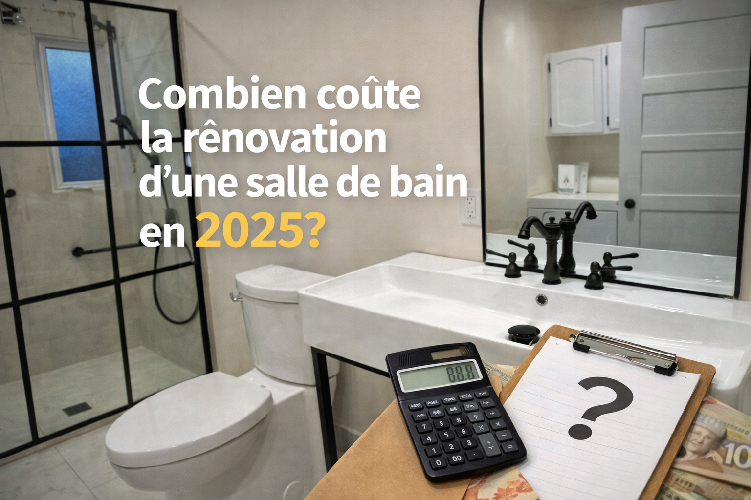 Salle de bain rénovée en 2025 par Jasalex Construction avec phrase qui dit "combien coute les rénovations d'une salle de bain?".